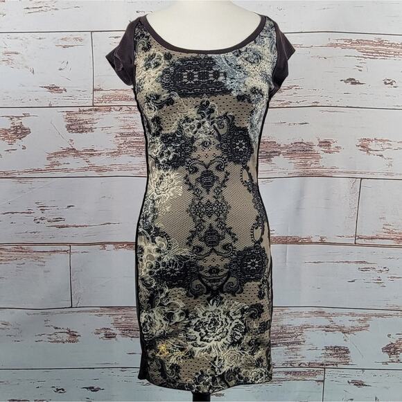 Desigual bodycon dress brown lace print size Small - Picture 1 of 8